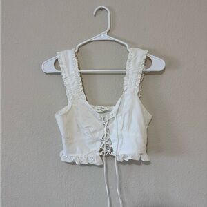 American Threads Cream Lace-Up Ruffle Crop Top